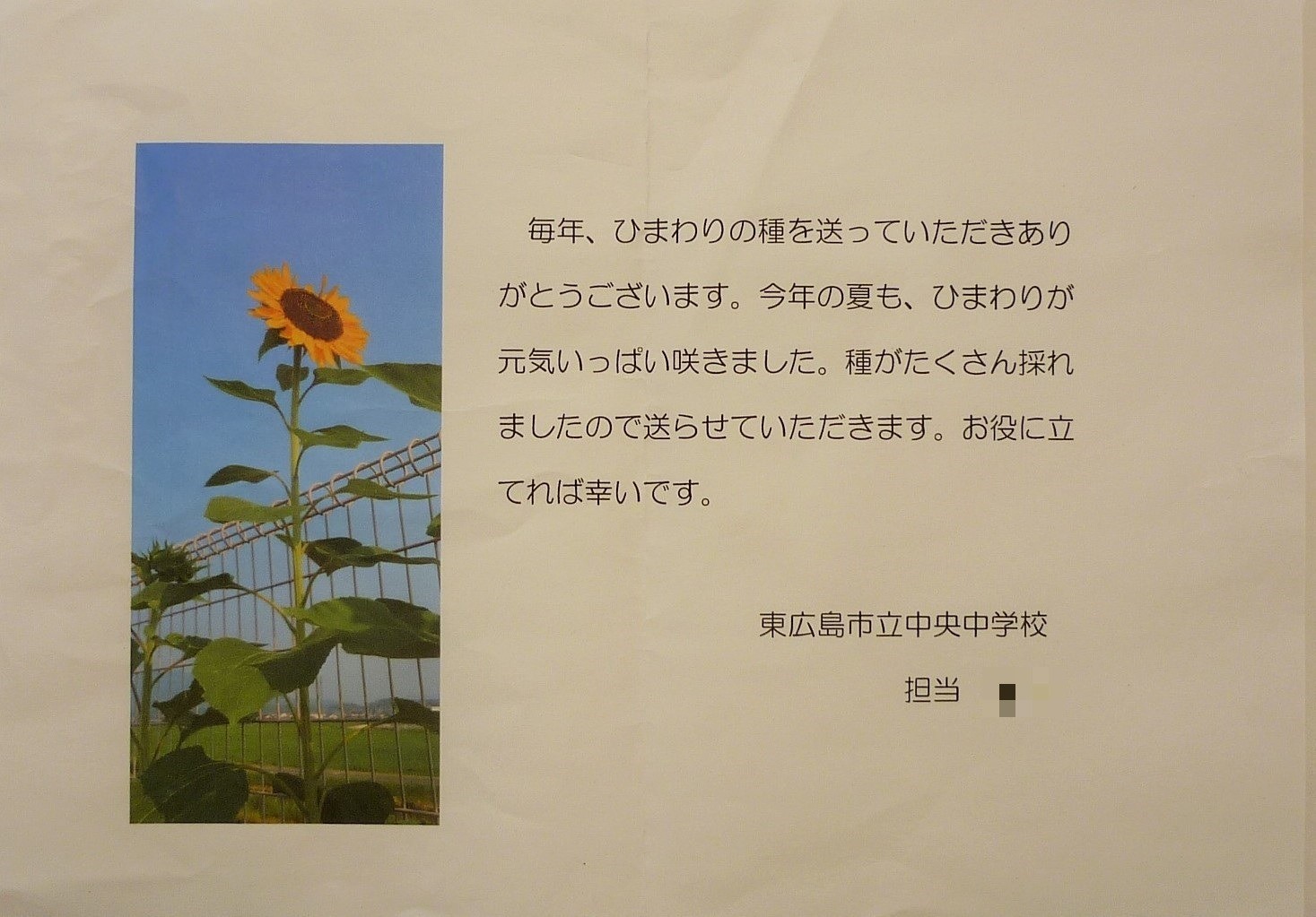 里親さんからのメッセージ（広島県　東広島市立中央中学校さま）